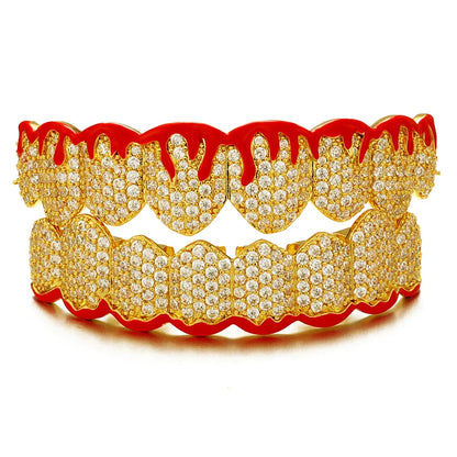 sengpan Red Drip Oil CZ Teeth Grillz Caps Cubic Zircon Iced Out Micro Pave Top&Bottom Charm Grills For Men Women Jewelry Xmas Gift