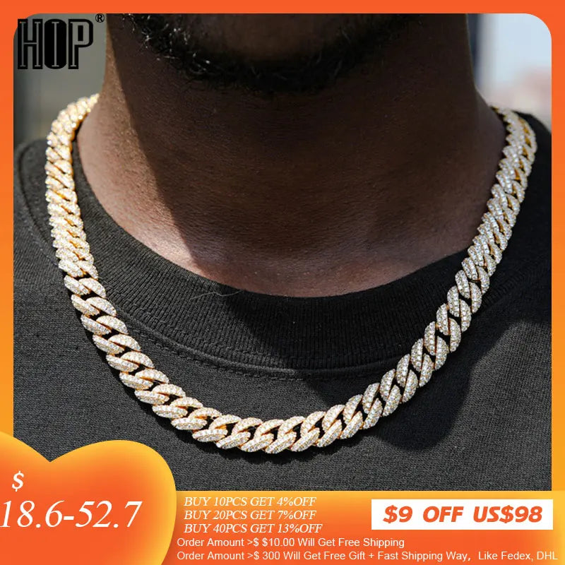 Hip Hop 10MM Gold Color CZ Cuban Prong Chain Necklaces Box Buckle Full Iced Out Zircon Luxury Bling Chain For Men Choker Jewelry