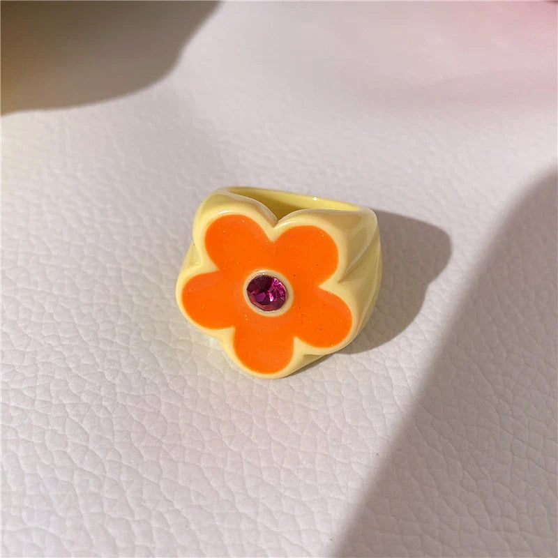 sengpan 2024 New Sweet Multicolor Resin Oil Drip Ring for Women Geometric Oval Flowers Beads Rhinestones Ring Cute Jewelry HangZhi