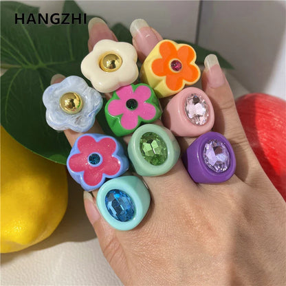 Lianfudai 2024 New Sweet Multicolor Resin Oil Drip Ring for Women Geometric Oval Flowers Beads Rhinestones Ring Cute Jewelry HangZhi