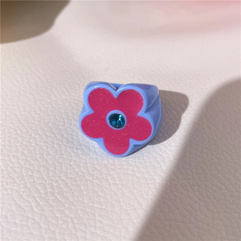 sengpan 2024 New Sweet Multicolor Resin Oil Drip Ring for Women Geometric Oval Flowers Beads Rhinestones Ring Cute Jewelry HangZhi