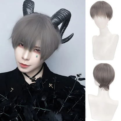 sengpan Short Straight Black White Grey Synthetic Men's Wig With Bangs For Everyday Anime Cosplay Party