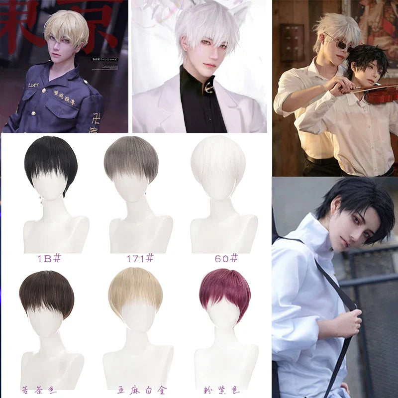 sengpan Short Straight Black White Grey Synthetic Men's Wig With Bangs For Everyday Anime Cosplay Party