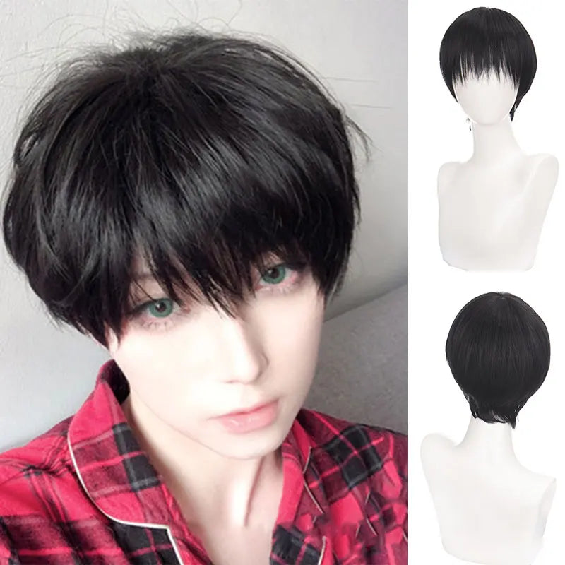 sengpan Short Straight Black White Grey Synthetic Men's Wig With Bangs For Everyday Anime Cosplay Party