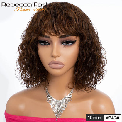 sengpan Brown Short Wavy Bob Wigs With Bangs Human Hair Glueless Natural Loose Curly Wig Brazilian Hair For Black Women