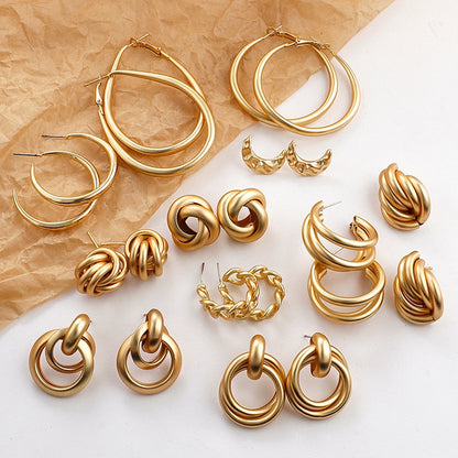 sengpan New Matte Gold Color Earrings for Women Multiple Trendy Round Geometric Twist Drop Earring Fashion Statement Jewelry