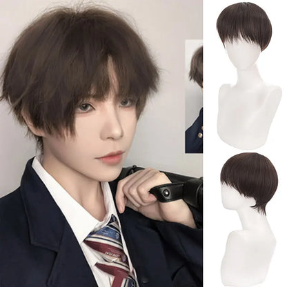 sengpan Short Straight Black White Grey Synthetic Men's Wig With Bangs For Everyday Anime Cosplay Party