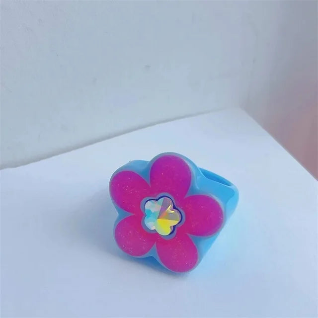 Lianfudai 2024 New Sweet Multicolor Resin Oil Drip Ring for Women Geometric Oval Flowers Beads Rhinestones Ring Cute Jewelry HangZhi