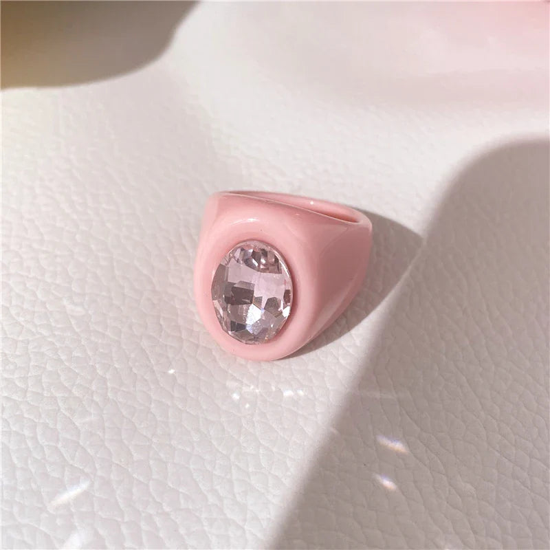 Lianfudai 2024 New Sweet Multicolor Resin Oil Drip Ring for Women Geometric Oval Flowers Beads Rhinestones Ring Cute Jewelry HangZhi