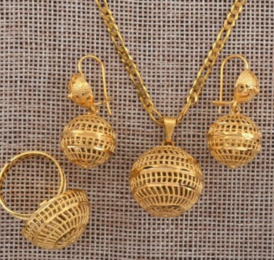 sengpan gifts for her Anniyo African Beads Jewelry Sets Pendant Necklaces Earrings Ring Women Gold Color Round Ball Chains Papua New Guinea PNG #J0065