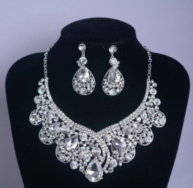 sengpan Luxury Big Rhinestone Bridal Jewelry Sets Silver Plated Crystal Crown Tiaras Necklace Earrings Set For Bride Hair Accessories