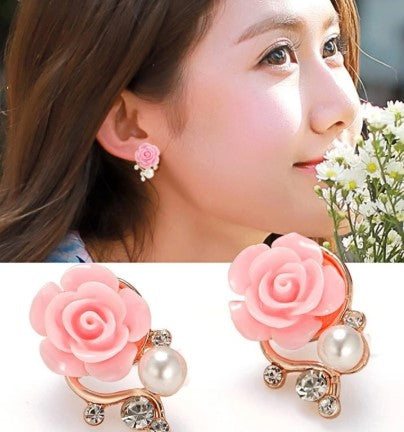 sengpan Korean Fashion Jewelry Exaggerated Earrings New Style Korean Women Ol Pink Rose Imitation Pearl Crystal Earrings Wholesale