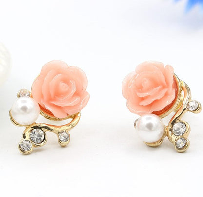 sengpan Earrings New Women Korean OL style pink crystal pearl asymmetric double-sided stud earrings