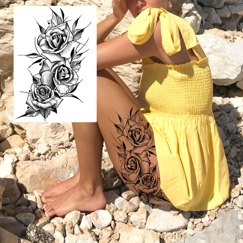 sengpan Sexy Flower Temporary Tattoos For Women Body Art Painting Arm Legs Tattoos Sticker Realistic Fake Black Rose Waterproof Tattoos