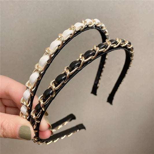 sengpan Slim Narrow Headband For Women Girl PU Leather Chains 5 Simple Camellia Hair Band Accessories Korean New Wholesale Office Gift