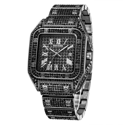 sengpan Disaster Prevention Jewelry Hip Hop Iced Out Men Watch Square Diamond Quartz Luxury Mens Wrist Watches Gold Roman Calendar Steel Clock Relogio Masculino New