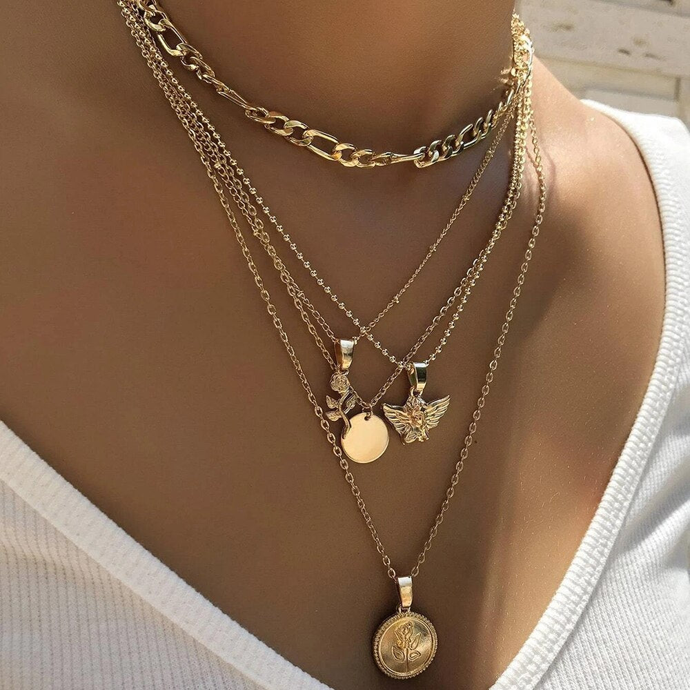 sengpan hot sale new Fashion Multi-layered Snake Chain Necklace For Women Vintage Gold Coin Pearl Choker Sweater Necklace Party Jewelry Gift