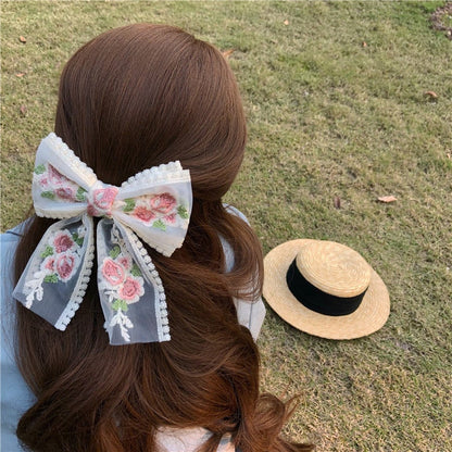 sengpan Retro Geometric Pink Rose Lace Ribbon Hairpin Korean Flower Embroidery Oversized Bow Spring Clip for Women Bridal Wedding