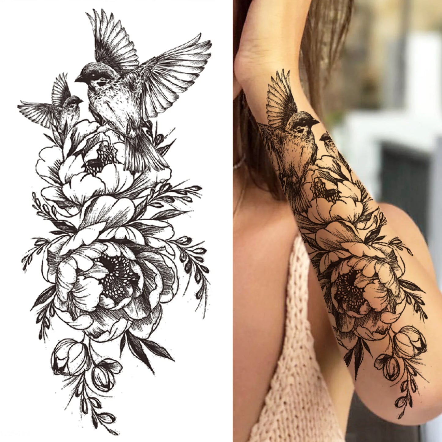 sengpan Death Skull Flower Temporary Tattoo For Women Girls Snake Bird Peony Tattoo Sticker Black Fake Blossom Sexy Tatoo Transfer Adult