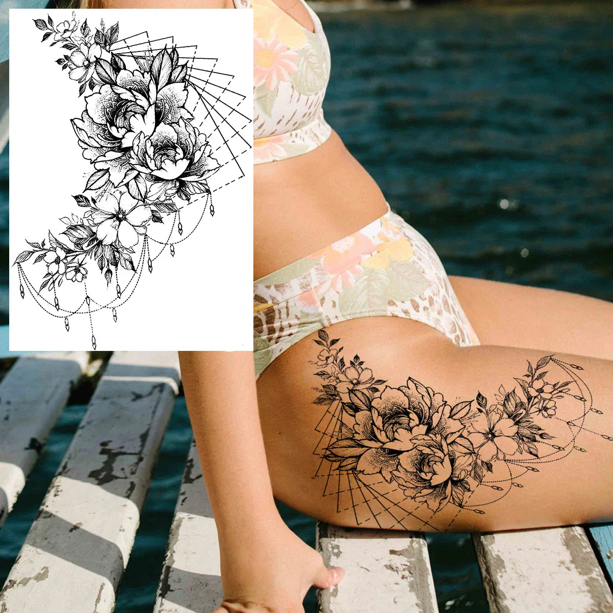 sengpan Sexy Flower Temporary Tattoos For Women Body Art Painting Arm Legs Tattoos Sticker Realistic Fake Black Rose Waterproof Tattoos