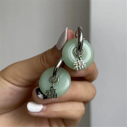 sengpan New Unique Green Jade Round Stainless Steel Hoop Earrings For Women Vintage Elegant Earclip Earrings Statement Jewelry