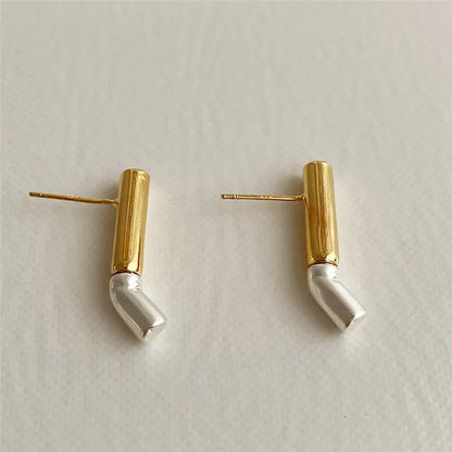 sengpan - French Simple Contrast Color Metal Cylindrical Earring Smooth Irregular Geometric Stitching Drop Earrings for Women Jewelry