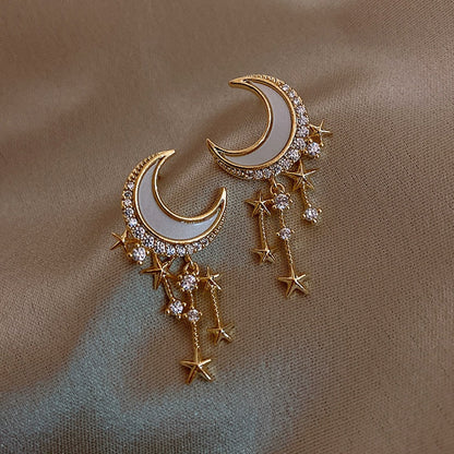 sengpan gifts for her New Trendy Star Moon Dangle Earrings Women Temperament Fashion Geometry Metal Pearl Zircon Pendant Earrings Party Jewelry