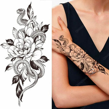 sengpan Black Flower Rose Waterproof Temporary Bird Snake Sexy Body Arm Leg Gem Henna Tattoo Fashion Big Fake Sleeve Sticker