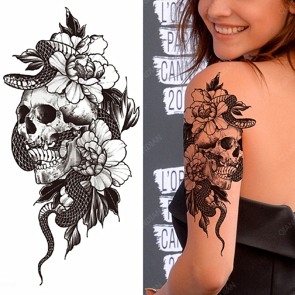 sengpan Black Flower Rose Waterproof Temporary Bird Snake Sexy Body Arm Leg Gem Henna Tattoo Fashion Big Fake Sleeve Sticker