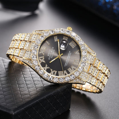 sengpan father's day gifts New Luxury Men's Watch Calendar Full Diamond Face Roman Scale Alloy Steel Band Watch Fashion Star Hip-hop Watch for Men