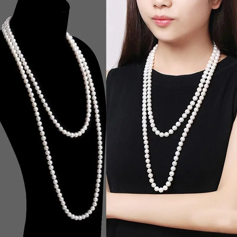 sengpan 1.5m -8mm fashion glass imitation pearl necklace women's simple knot multi-layer long sweater chain clothing accessories