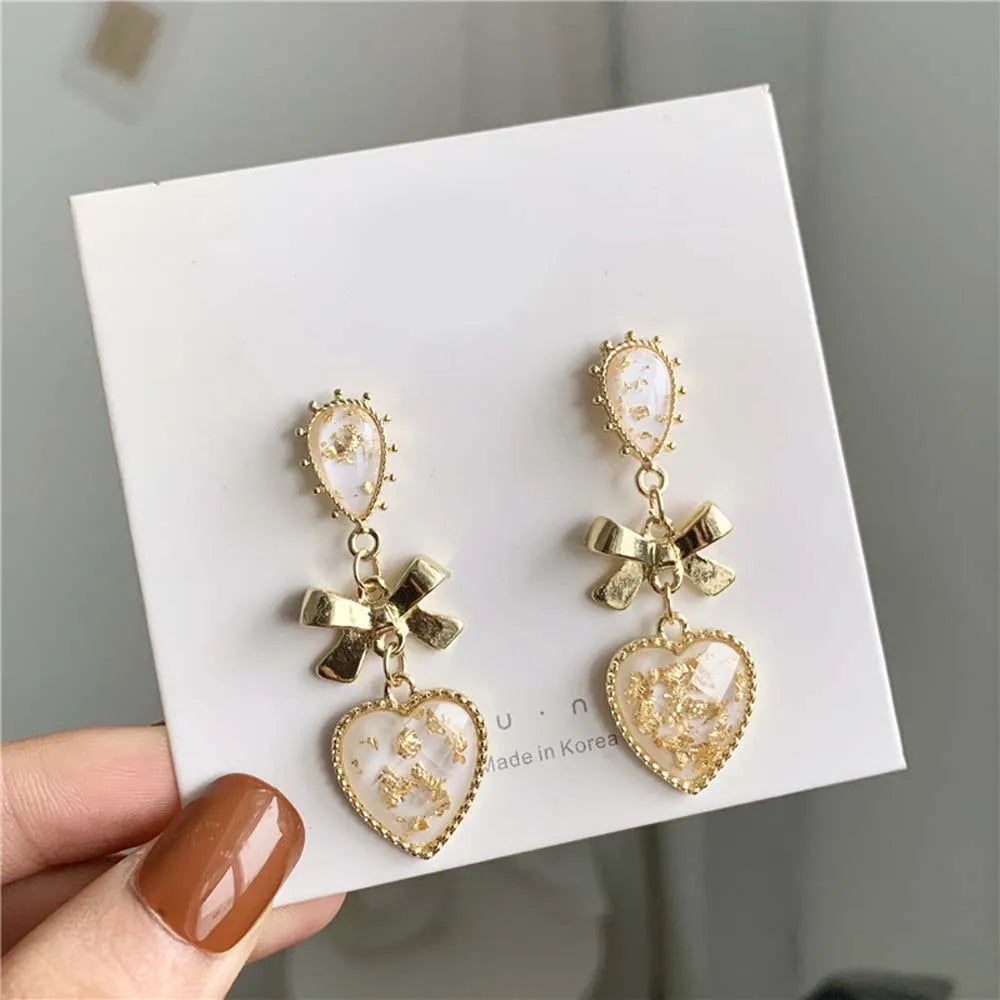 sengpan Bowknot Heart Resin Earrings Korean Classic Style Golden Peach Heart Stud Earrings For Woman Jewelry Valentine's Day present