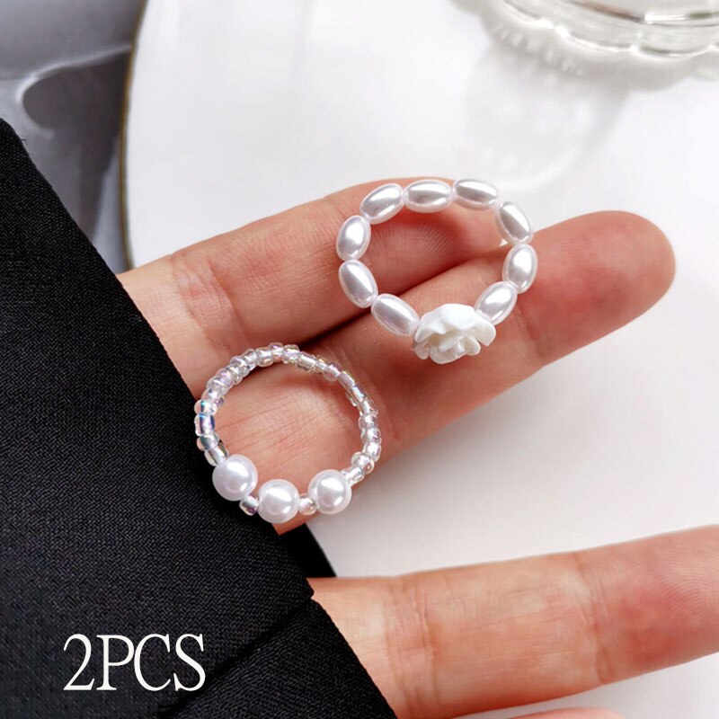 sengpan Christmas decor ideas Simple Fashion Elastic Rope Pearl Women's Ring Korea Elegant Female Heart-Shaped Charm Ladies Party Ring Jewelry Girl Gift