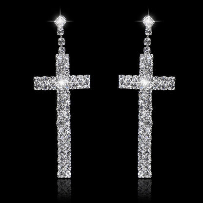 sengpan Bridal Crystal Cross Shape Long Earrings Sparkly Silver Color Rhinestone Dangle Earrings For Women Wedding Jewelry Gifts