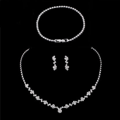 sengpan Silver Color Simple Crystal Bridal Jewelry Sets Long Drop Necklace Earrings Bracelet Set for Women Wedding Jewelry Sets