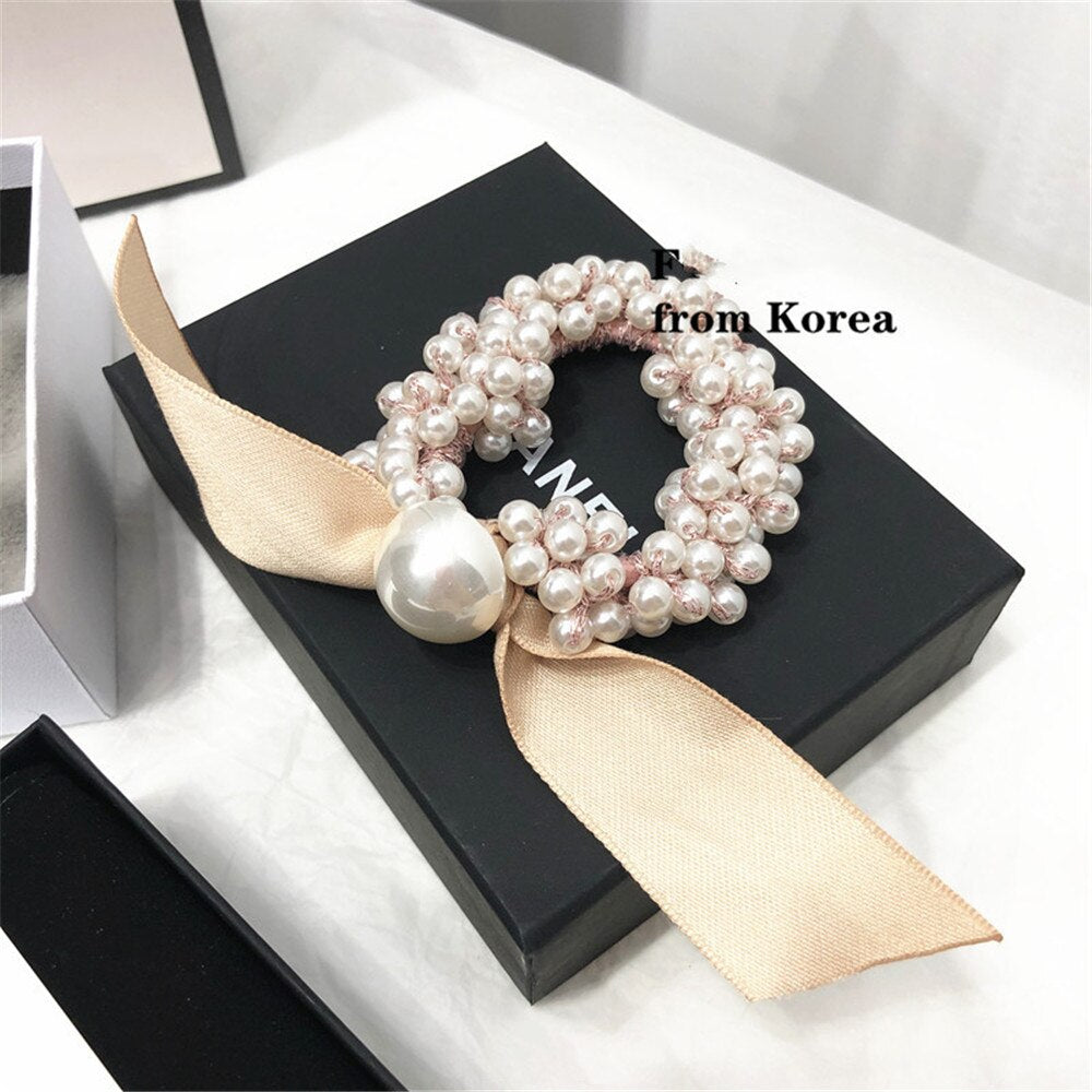 sengpan Women  Scrunchies Hair Ties Elastic Rubber Bands Adult Pearl Bow Knot Bear Animal Fashion Girl Korean Accessories Lady Wholesale