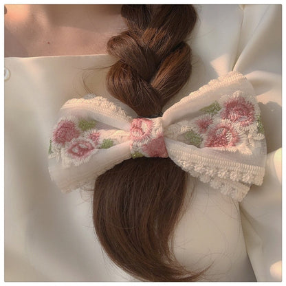 sengpan Retro Geometric Pink Rose Lace Ribbon Hairpin Korean Flower Embroidery Oversized Bow Spring Clip for Women Bridal Wedding