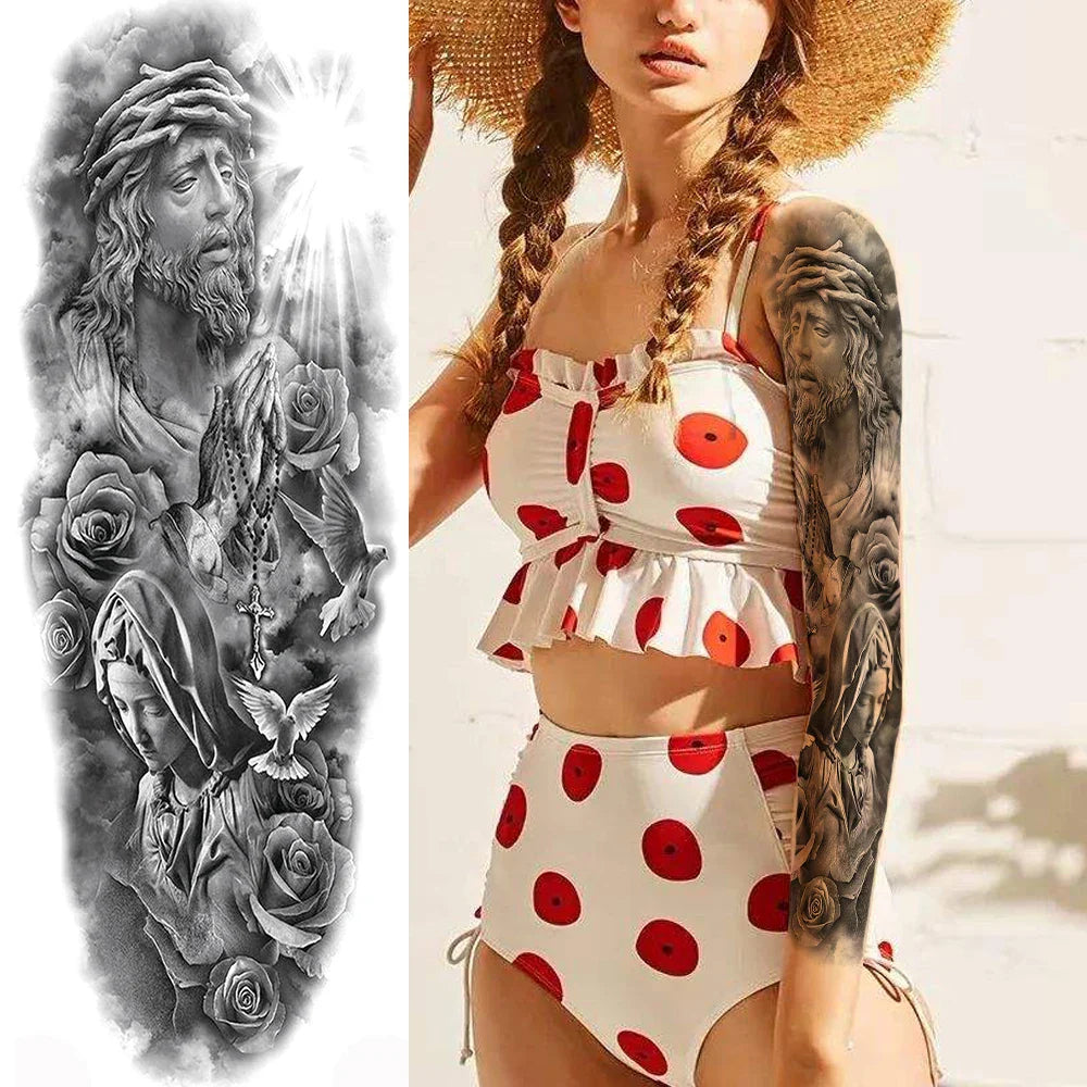 sengpan Sexy Full Arm Temporary Tattoos Sticker For Women Men Adult Gun Nun Vines Realistic Fake Tattoo Sleeves Large Tatoos Paste