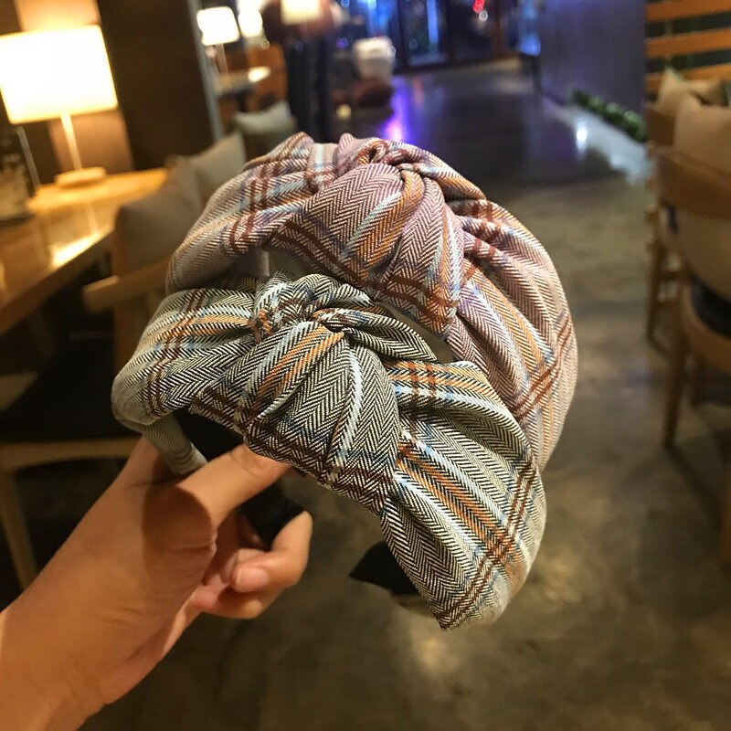 sengpan Women Girl Headbands Wide Plaid Knot Fabric Korean Vintage Hairband Sweet Hair Accessories Head wear Wholesale Fashion New