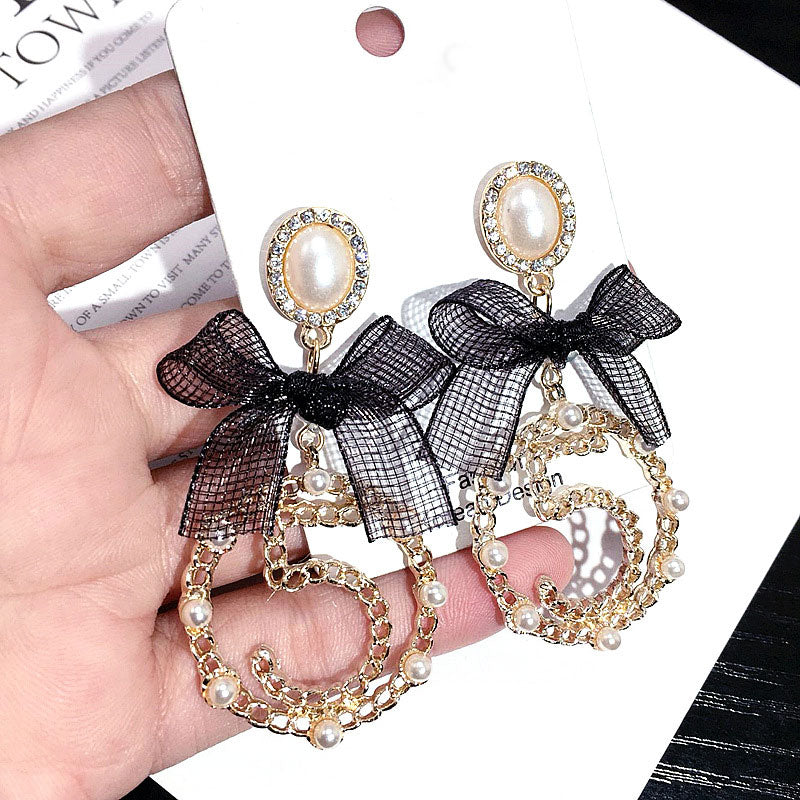 sengpan Korea Dongdaemun Fashion Ribbon Bow Pearl Number 5 Big Circle Drop Earrings Long Pendients jewelry For Woman