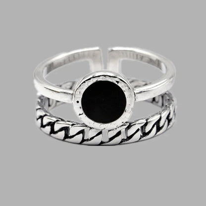 sengpan Genuine 925 Sterling Silver Rings for Women 2 layered black Minimalist Thin Circle Gem Rings Jewelry Carving S925