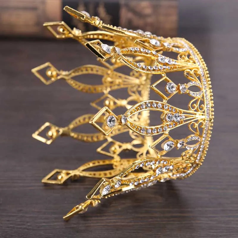 sengpan Baroque Golden Crown King Queen Circle Crystal Hair Ornaments Birthday Wedding Jewelry Hair Accessories Tiara Party