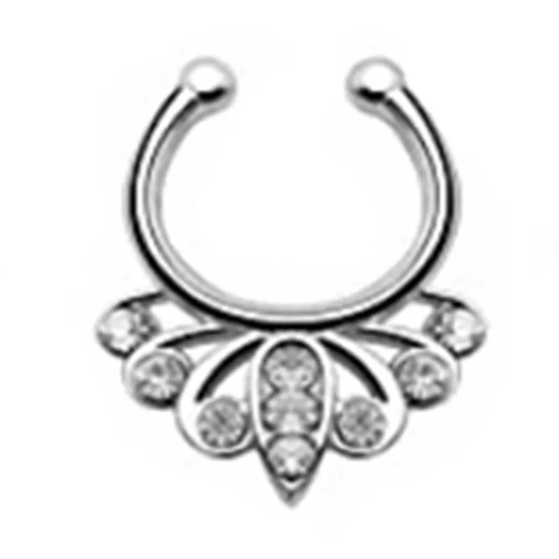 sengpan 1/2Piece Stainless Steel Fake Nose Piercing Septum Jewelry Crystal Zircon Fake Septum Piercing Ring Nose Rings for Women