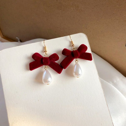 sengpan Christmas wishlist Fashion Velvet Bow Drop Earrings For Women Temperament Pearl  Heart Red Black Earring Girls Party Christmas Jewelry Gifts