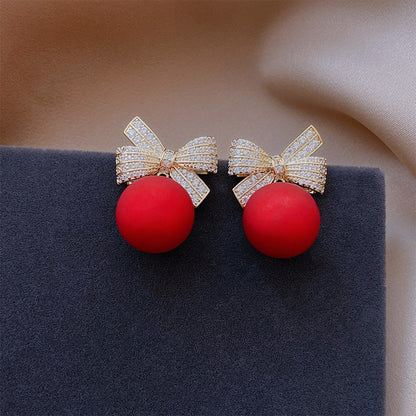 sengpan Fashion Crystal Bow Knot Stud Earrings For Women Pearl Cherry Flowers Rhinestone Red Earring Girls Party Christmas Jewelry Gifts