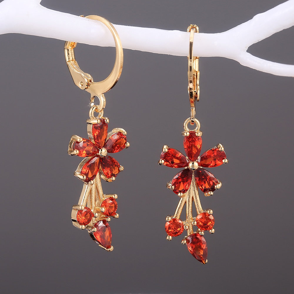 sengpan Luxury Gold Color Flower Shape Women Drop Earrings Inlaid Shiny Cubic Zirconia Top Quality Fashion Banquet Party Jewelry