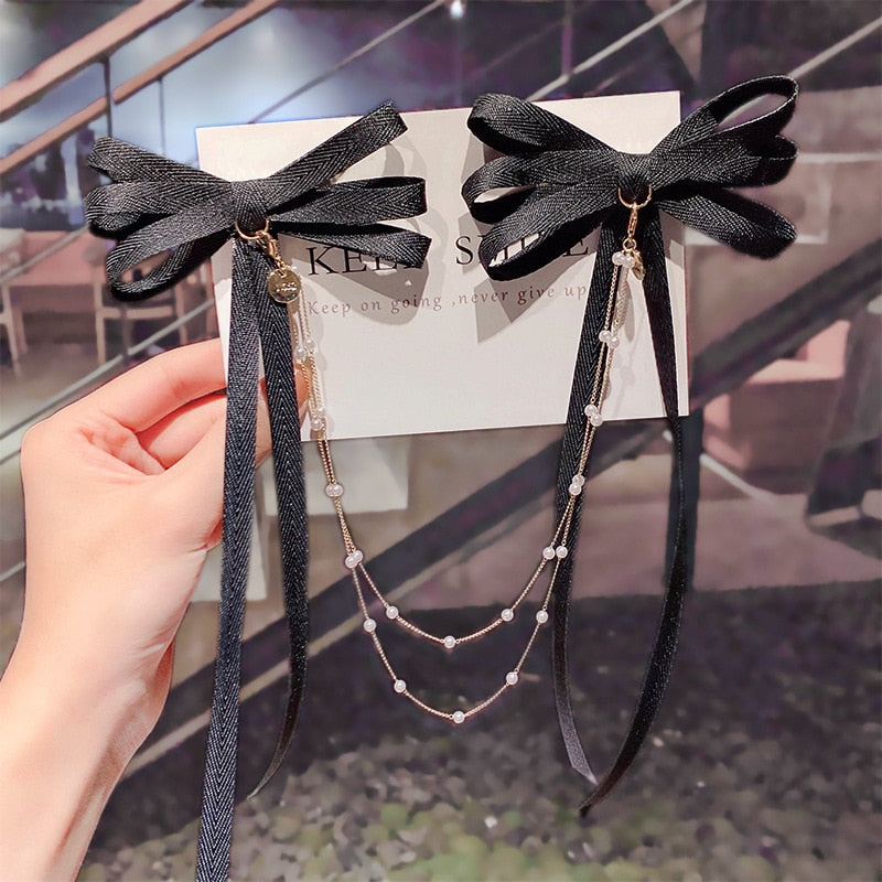 sengpan New Bow Pearls Chain Barrettes Hairpins For Women Rhinestone Spring Hair Clips Ribbon Headband Ponytail Hair Accessories