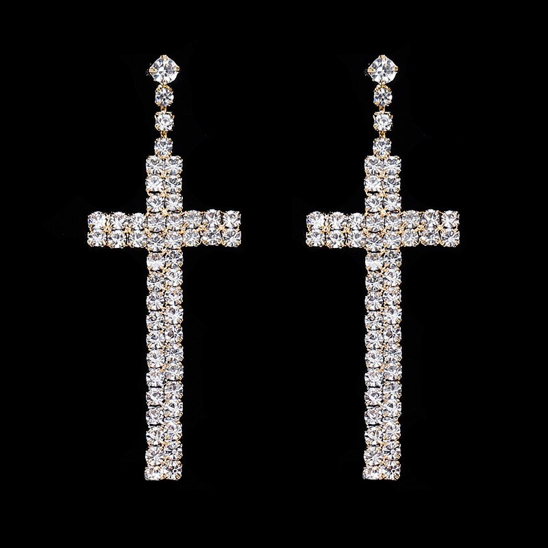 sengpan Bridal Crystal Cross Shape Long Earrings Sparkly Silver Color Rhinestone Dangle Earrings For Women Wedding Jewelry Gifts