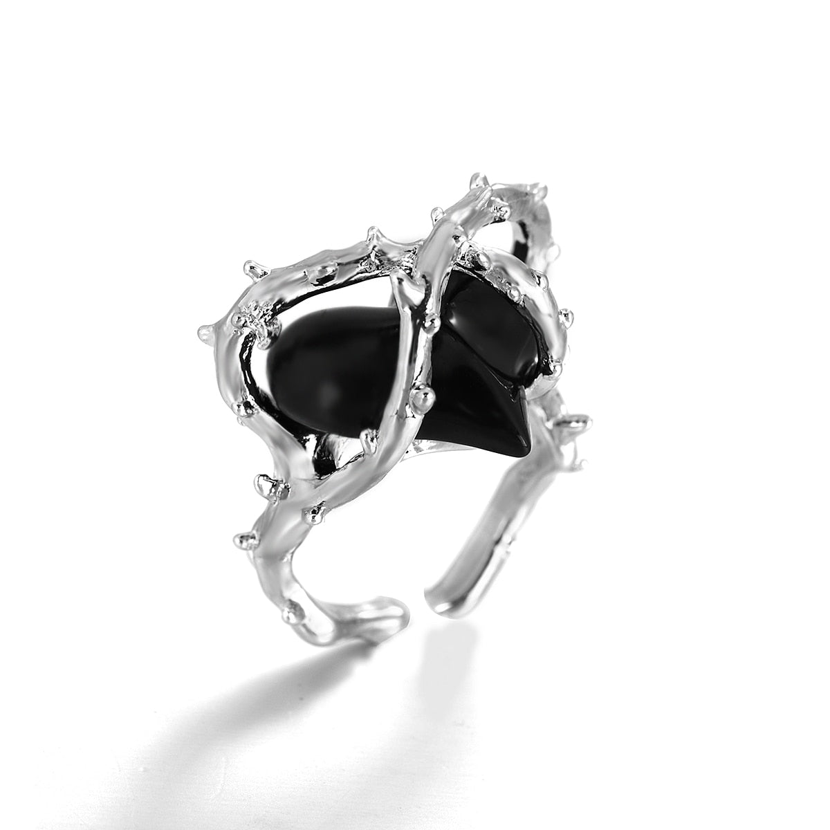 sengpan  Bohemia Silver Color Black Resin Heart Shape Kunckle Midi Ring for Women Acrylic Geometric Rings Female Finger Jewelry