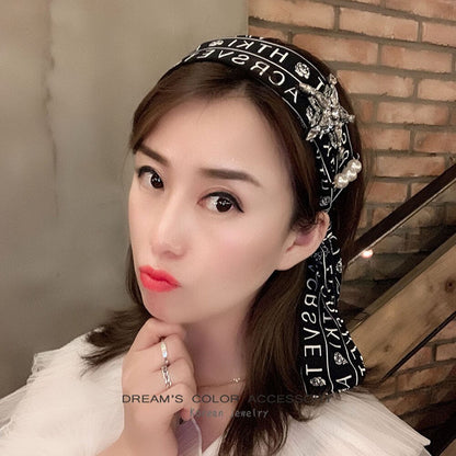 sengpan christmas gift ideas Luxury Black Pearl Rhinestone Star Wide Hair Hoop Headband Headwear Hair Accessories for Women Vintage Crystal Letter Hairband